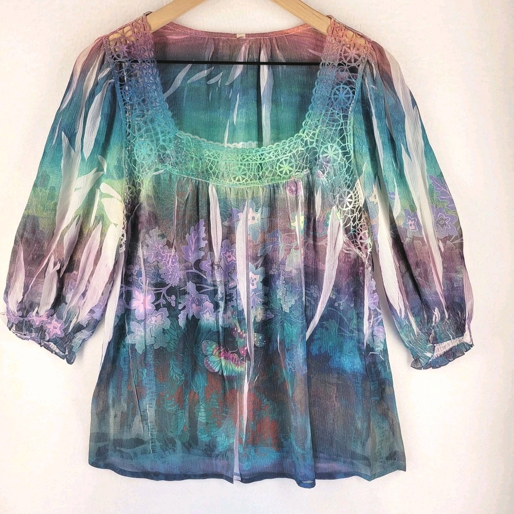 Women's Watercolor‎ Floral Gauzy Top Size L crochet trim square neck Boho Fairy